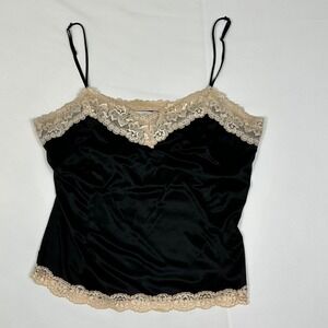 Worthington Petite Black Satin Lace Trim Camisole Top Adjustable Straps PL